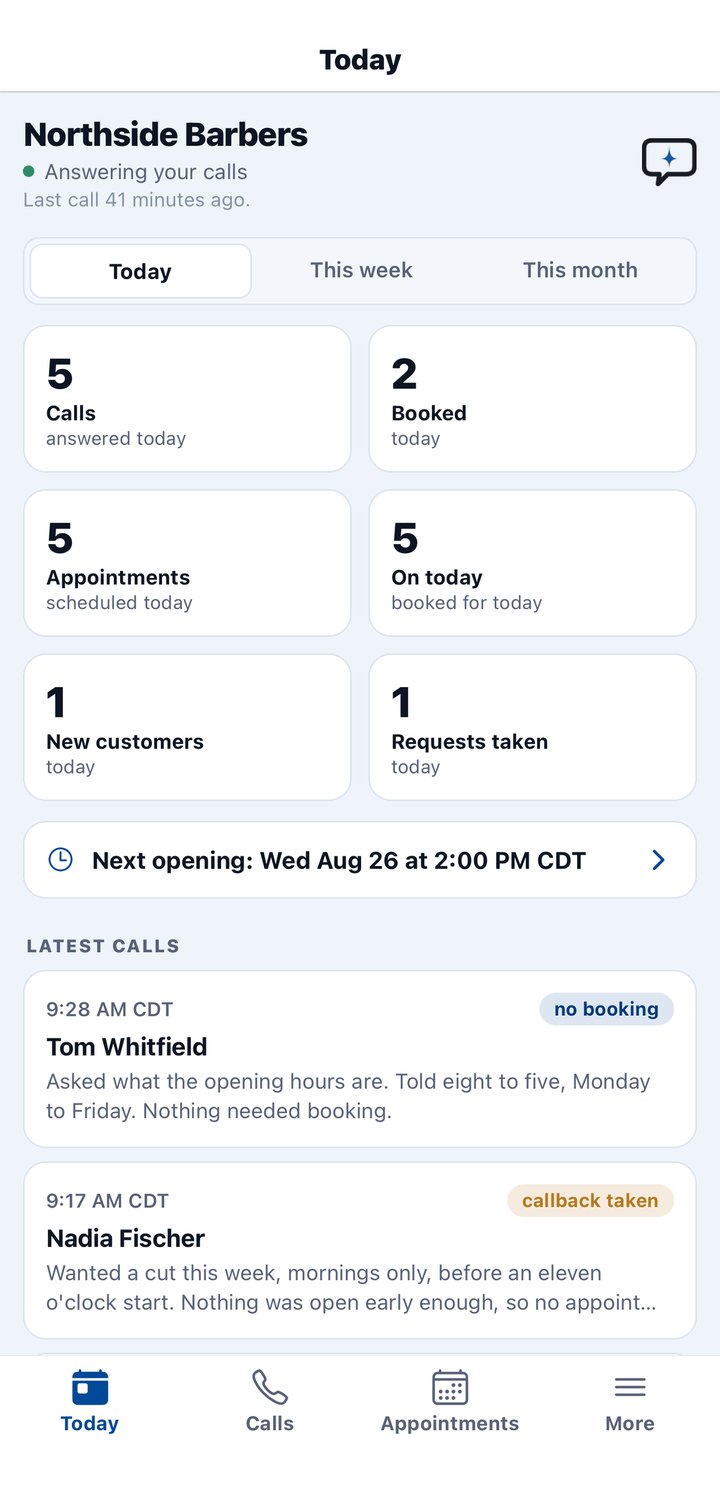 The Midebo app showing today's calls answered, jobs booked, the next
                    free appointment, and what each caller wanted.