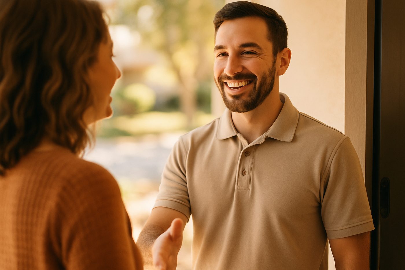 A friendly technician greeting a happy homeowner at the door