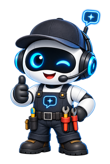Midebo in work overalls and a tool belt, giving a thumbs up