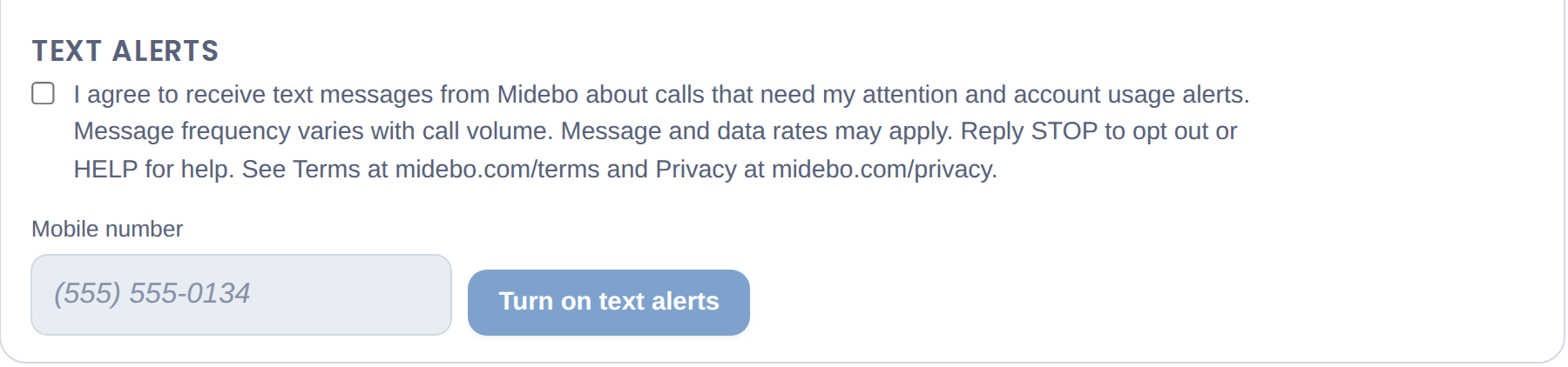 Account → Text alerts, before opting in. The checkbox is unchecked and the button is disabled.