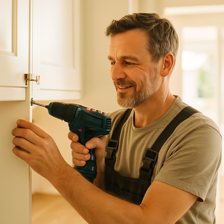 Handyman fitting a cabinet door with a cordless drill in a home interior