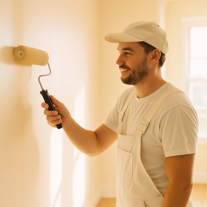 Painter rolling pale paint onto an interior wall in a bright empty room